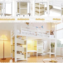 Okwish Lit Mezzanine 90x200 cm - Lit Ado avec LED Intégrée, Tiroirs en Tissu et Crochets pour Vêtements, en Métal - Sans Matelas Blanc* Lit Mezzanine