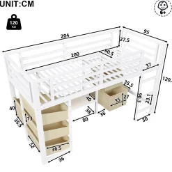 Okwish Lit Mezzanine 90x200 cm - Lit Ado avec LED Intégrée, Tiroirs en Tissu et Crochets pour Vêtements, en Métal - Sans Matelas Blanc* Lit Mezzanine