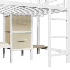 Okwish Lit Mezzanine 90x200 cm - Lit Ado avec LED Intégrée, Tiroirs en Tissu et Crochets pour Vêtements, en Métal - Sans Matelas Blanc* Lit Mezzanine