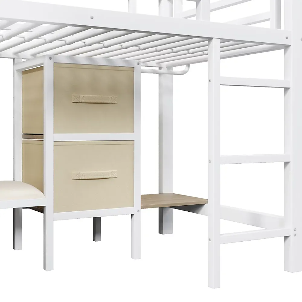 Okwish Lit Mezzanine 90x200 cm - Lit Ado avec LED Intégrée, Tiroirs en Tissu et Crochets pour Vêtements, en Métal - Sans Matelas Blanc* Lit Mezzanine