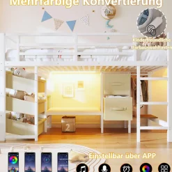 Okwish Lit Mezzanine 90x200 cm - Lit Ado avec LED Intégrée, Tiroirs en Tissu et Crochets pour Vêtements, en Métal - Sans Matelas Blanc* Lit Mezzanine