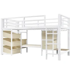 Okwish Lit Mezzanine 90x200 cm - Lit Ado avec LED Intégrée, Tiroirs en Tissu et Crochets pour Vêtements, en Métal - Sans Matelas Blanc* Lit Mezzanine