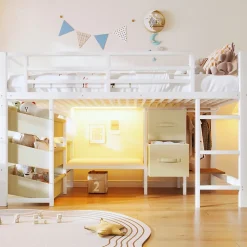 Okwish Lit Mezzanine 90x200 cm - Lit Ado avec LED Intégrée, Tiroirs en Tissu et Crochets pour Vêtements, en Métal - Sans Matelas Blanc* Lit Mezzanine