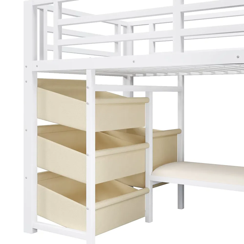 Okwish Lit Mezzanine 90x200 cm - Lit Ado avec LED Intégrée, Tiroirs en Tissu et Crochets pour Vêtements, en Métal - Sans Matelas Blanc* Lit Mezzanine