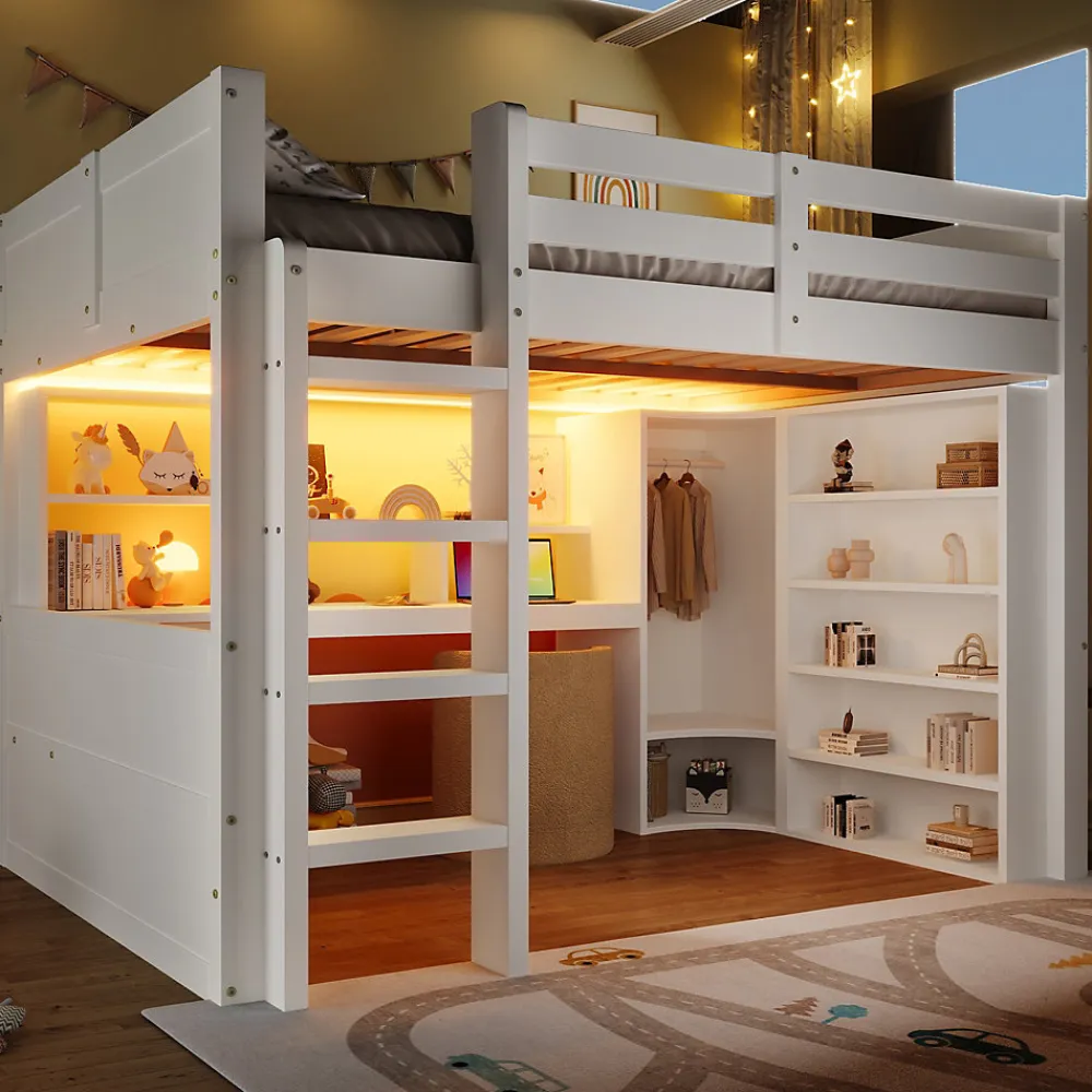 Lit Mezzanine 140x200 cm - Lit Ado avec LED et Bureau - Armoire et Tiroirs de Rangement Intégrés - sans Matelas - Blanc>Okwish Online