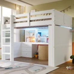 Lit Mezzanine 140x200 cm - Lit Ado avec LED et Bureau - Armoire et Tiroirs de Rangement Intégrés - sans Matelas - Blanc>Okwish Online