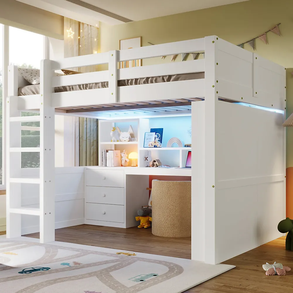 Lit Mezzanine 140x200 cm - Lit Ado avec LED et Bureau - Armoire et Tiroirs de Rangement Intégrés - sans Matelas - Blanc>Okwish Online