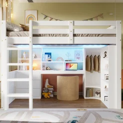 Lit Mezzanine 140x200 cm - Lit Ado avec LED et Bureau - Armoire et Tiroirs de Rangement Intégrés - sans Matelas - Blanc><noscript><img width=