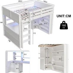 Lit Mezzanine 140x200 cm - Lit Ado avec LED et Bureau - Armoire et Tiroirs de Rangement Intégrés - sans Matelas - Blanc><noscript><img width=