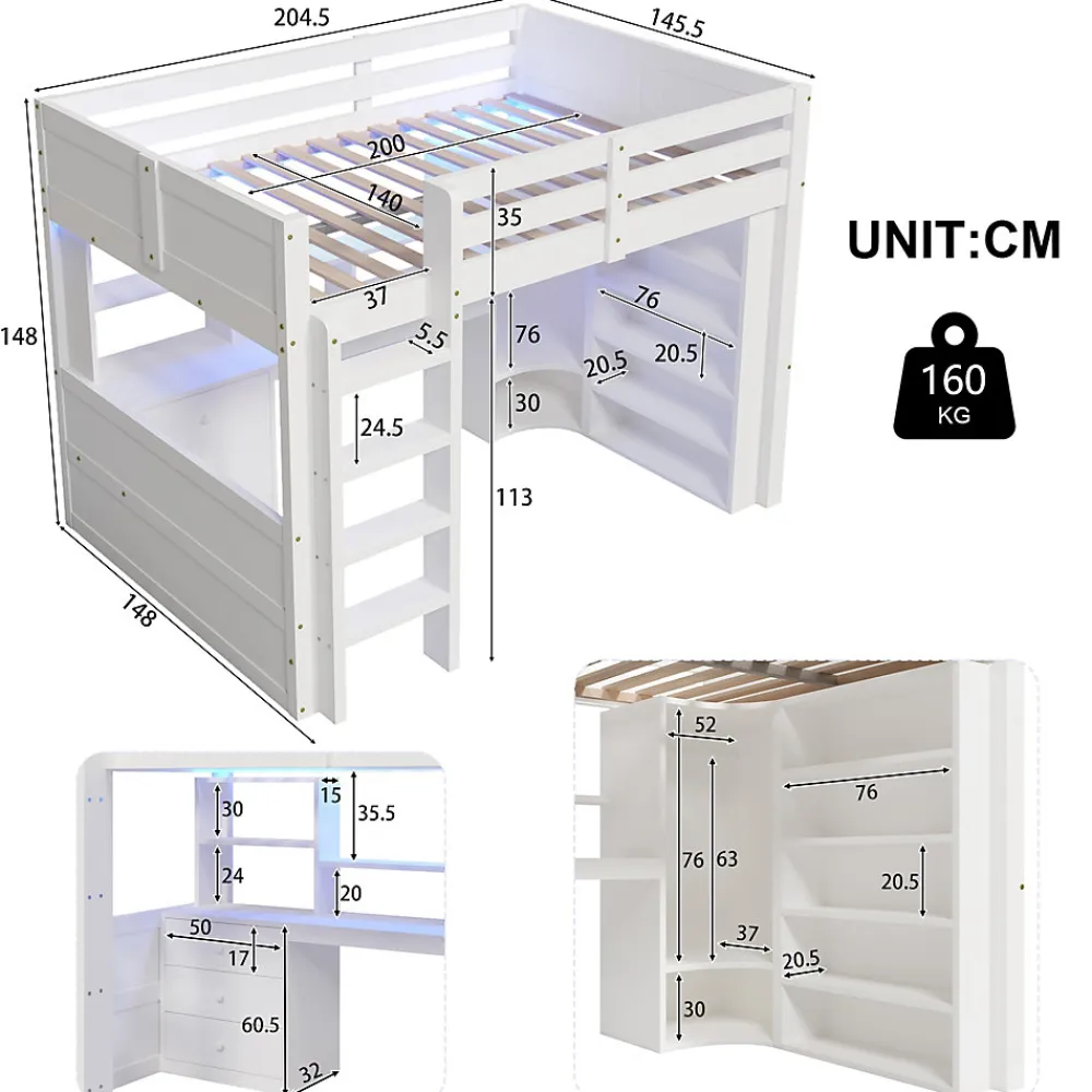 Lit Mezzanine 140x200 cm - Lit Ado avec LED et Bureau - Armoire et Tiroirs de Rangement Intégrés - sans Matelas - Blanc>Okwish Online
