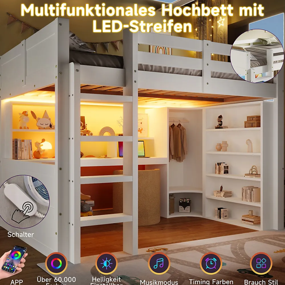Lit Mezzanine 140x200 cm - Lit Ado avec LED et Bureau - Armoire et Tiroirs de Rangement Intégrés - sans Matelas - Blanc>Okwish Online