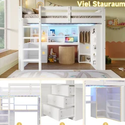 Lit Mezzanine 140x200 cm - Lit Ado avec LED et Bureau - Armoire et Tiroirs de Rangement Intégrés - sans Matelas - Blanc><noscript><img width=