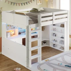 Lit Mezzanine 140x200 cm - Lit Ado avec LED et Bureau - Armoire et Tiroirs de Rangement Intégrés - sans Matelas - Blanc><noscript><img width=
