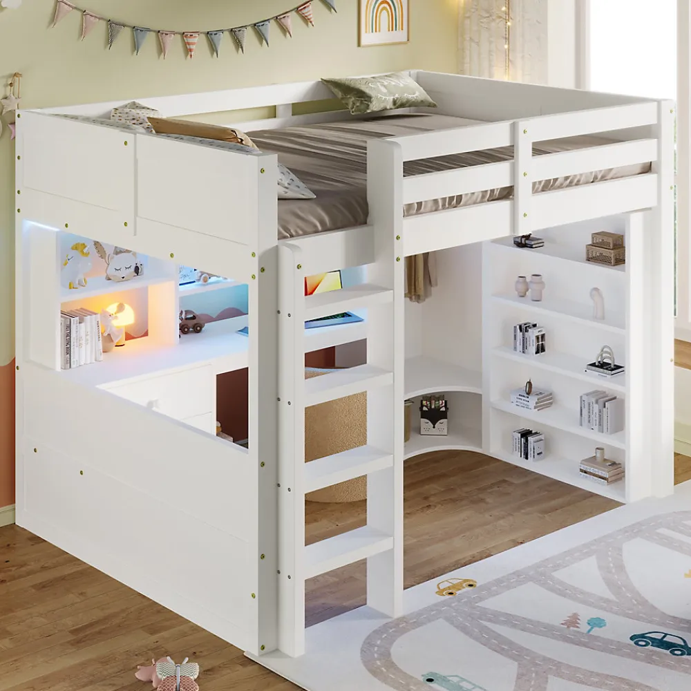 Lit Mezzanine 140x200 cm - Lit Ado avec LED et Bureau - Armoire et Tiroirs de Rangement Intégrés - sans Matelas - Blanc>Okwish Online