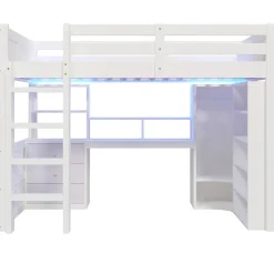 Lit Mezzanine 140x200 cm - Lit Ado avec LED et Bureau - Armoire et Tiroirs de Rangement Intégrés - sans Matelas - Blanc><noscript><img width=