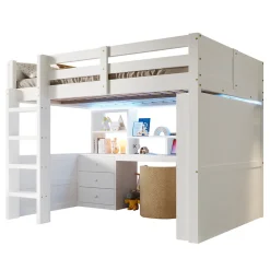 Lit Mezzanine 140x200 cm - Lit Ado avec LED et Bureau - Armoire et Tiroirs de Rangement Intégrés - sans Matelas - Blanc><noscript><img width=