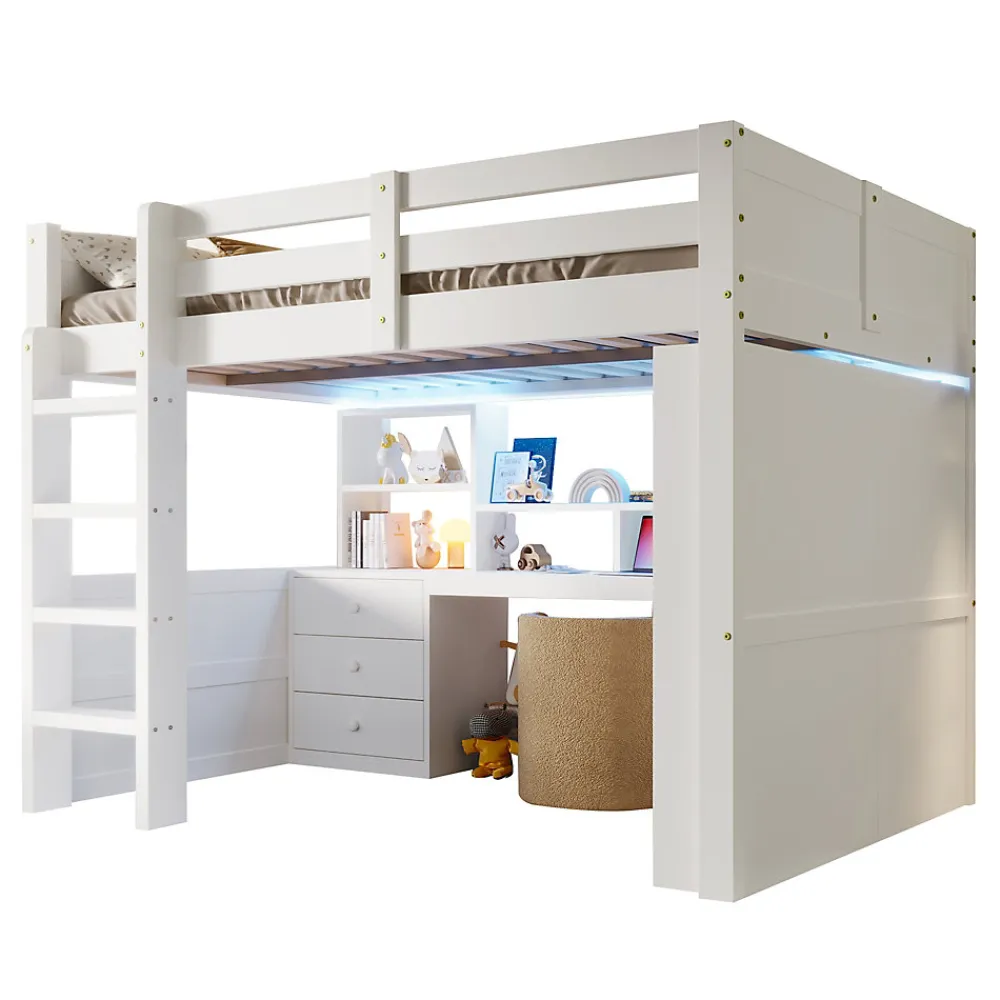 Lit Mezzanine 140x200 cm - Lit Ado avec LED et Bureau - Armoire et Tiroirs de Rangement Intégrés - sans Matelas - Blanc>Okwish Online