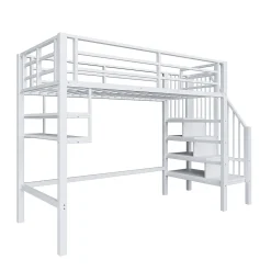 Okwish Lit mezzanine 90x200 cm - Lit avec rangement sous escalier et étagères intégrées - Métal et MDF - Sans matelas - Blanc* Lit Mezzanine