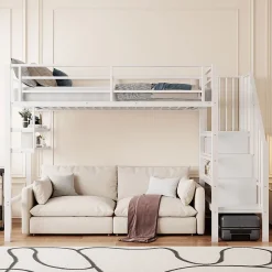 Okwish Lit mezzanine 90x200 cm - Lit avec rangement sous escalier et étagères intégrées - Métal et MDF - Sans matelas - Blanc* Lit Mezzanine