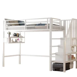 Okwish Lit mezzanine 90x200 cm - Lit avec rangement sous escalier et étagères intégrées - Métal et MDF - Sans matelas - Blanc* Lit Mezzanine