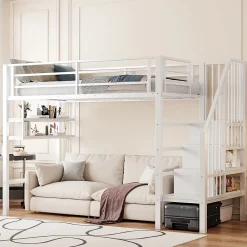 Okwish Lit mezzanine 90x200 cm - Lit avec rangement sous escalier et étagères intégrées - Métal et MDF - Sans matelas - Blanc* Lit Mezzanine