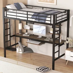 Okwish Lit Mezzanine 90x200 cm - Lit Ado avec Bureau Intégré et Espace de Rangement, Sans Matelas, en Métal et MDF, Noir* Lit Mezzanine