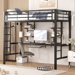 Okwish Lit Mezzanine 90x200 cm - Lit Ado avec Bureau Intégré et Espace de Rangement, Sans Matelas, en Métal et MDF, Noir* Lit Mezzanine