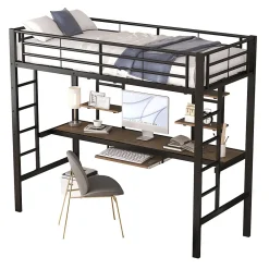 Okwish Lit Mezzanine 90x200 cm - Lit Ado avec Bureau Intégré et Espace de Rangement, Sans Matelas, en Métal et MDF, Noir* Lit Mezzanine