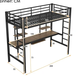 Okwish Lit Mezzanine 90x200 cm - Lit Ado avec Bureau Intégré et Espace de Rangement, Sans Matelas, en Métal et MDF, Noir* Lit Mezzanine