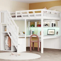 Okwish Lit Mezzanine 140x200 cm - Lit Ado avec Escalier et Rangement, Bureau Intégré avec LED et USB - Sans Matelas - Bois Blanc* Lit Mezzanine