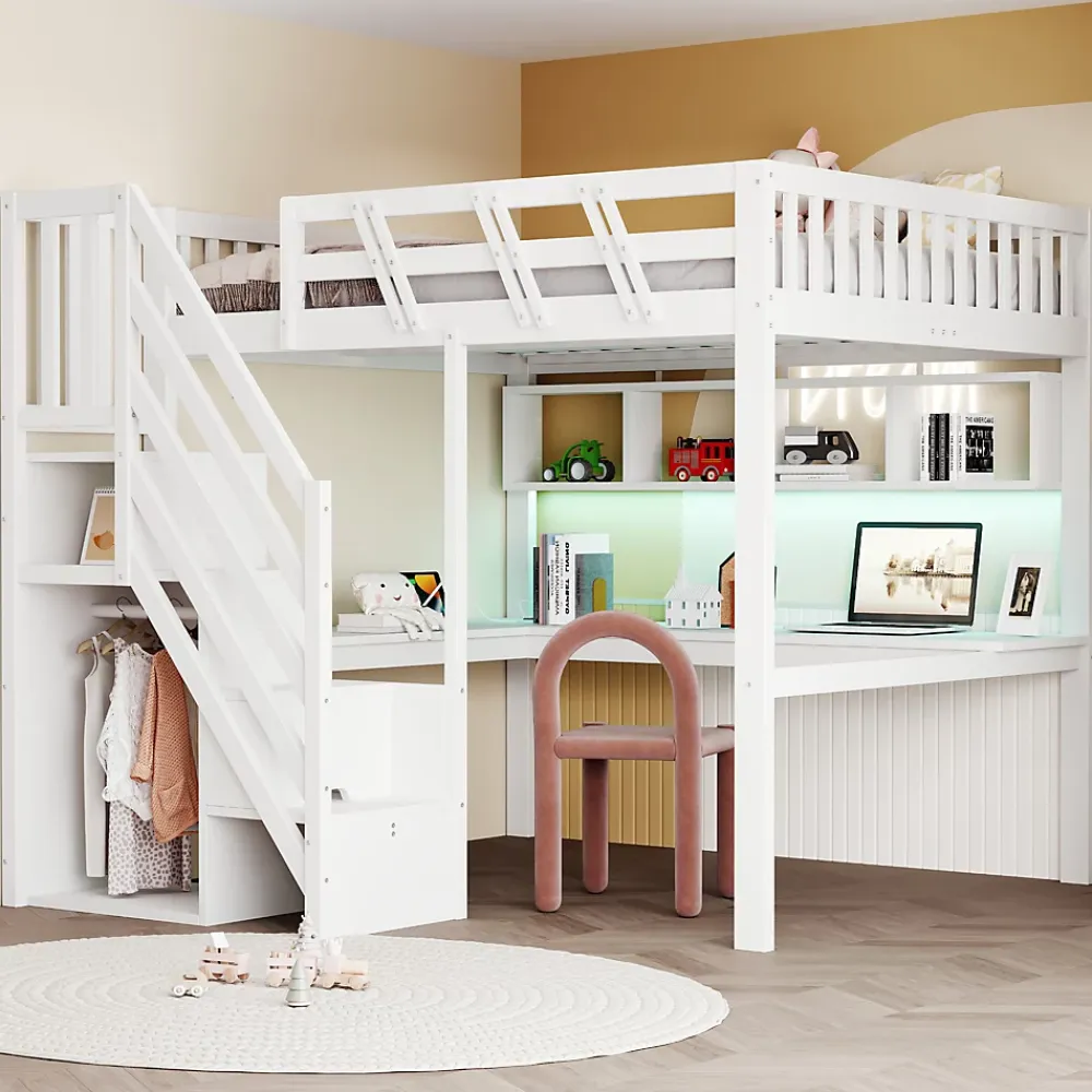 Okwish Lit Mezzanine 140x200 cm - Lit Ado avec Escalier et Rangement, Bureau Intégré avec LED et USB - Sans Matelas - Bois Blanc* Lit Mezzanine