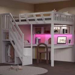 Okwish Lit Mezzanine 140x200 cm - Lit Ado avec Escalier et Rangement, Bureau Intégré avec LED et USB - Sans Matelas - Bois Blanc* Lit Mezzanine