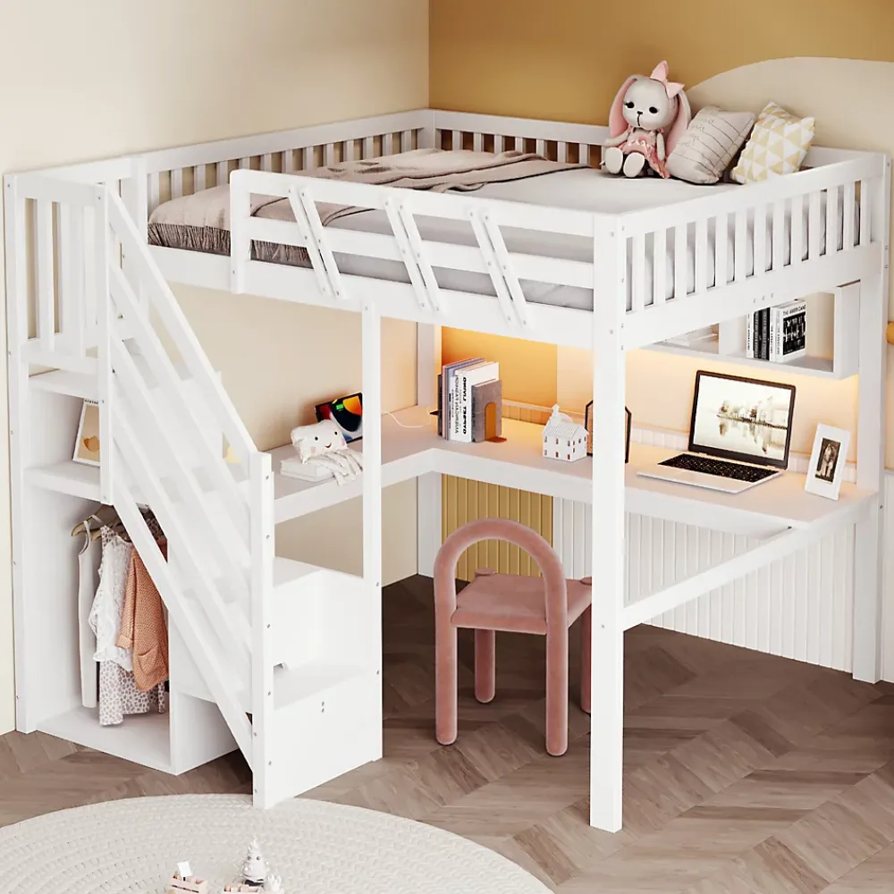 Okwish Lit Mezzanine 140x200 cm - Lit Ado avec Escalier et Rangement, Bureau Intégré avec LED et USB - Sans Matelas - Bois Blanc* Lit Mezzanine