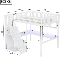 Okwish Lit Mezzanine 140x200 cm - Lit Ado avec Escalier et Rangement, Bureau Intégré avec LED et USB - Sans Matelas - Bois Blanc* Lit Mezzanine
