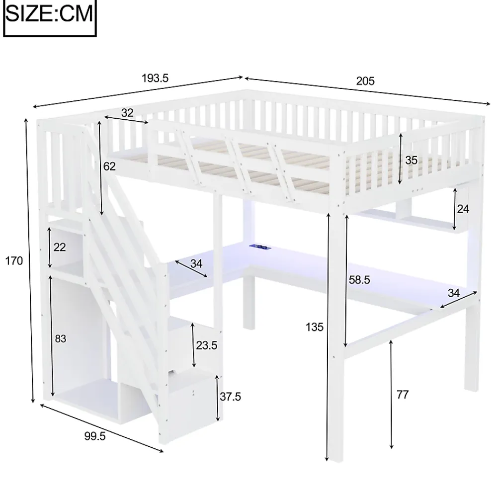 Okwish Lit Mezzanine 140x200 cm - Lit Ado avec Escalier et Rangement, Bureau Intégré avec LED et USB - Sans Matelas - Bois Blanc* Lit Mezzanine