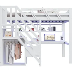 Okwish Lit Mezzanine 140x200 cm - Lit Ado avec Escalier et Rangement, Bureau Intégré avec LED et USB - Sans Matelas - Bois Blanc* Lit Mezzanine