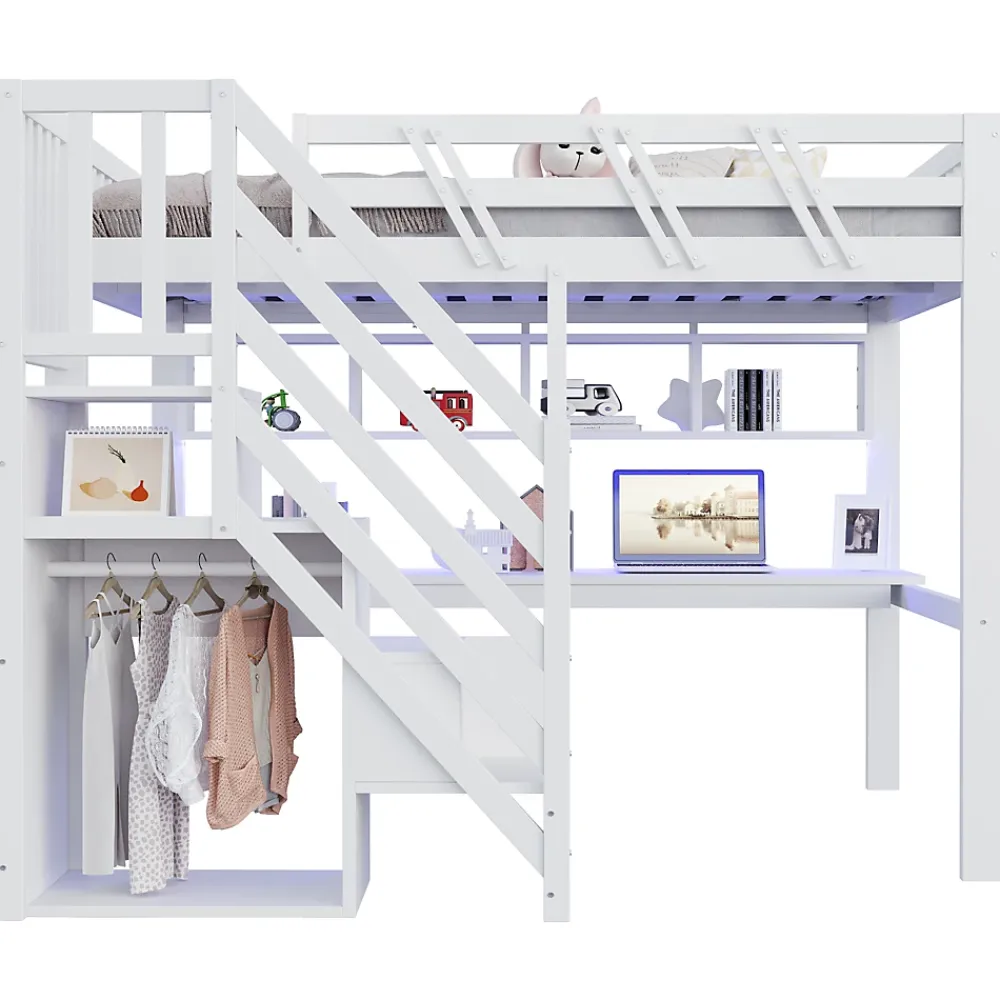 Okwish Lit Mezzanine 140x200 cm - Lit Ado avec Escalier et Rangement, Bureau Intégré avec LED et USB - Sans Matelas - Bois Blanc* Lit Mezzanine