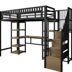 Lit Mezzanine 90x200 cm - Lit Ado Simple avec Bureau, Escalier Rangement et LED - Métal et MDF - sans Matelas - Noir><noscript><img width=