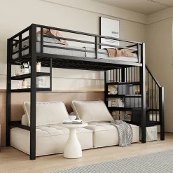 Okwish Lit mezzanine 90x200 cm - Lit avec rangement sous escalier et étagères intégrées - Métal et MDF - Sans matelas - Noir* Lit Mezzanine