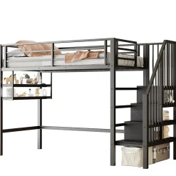 Okwish Lit mezzanine 90x200 cm - Lit avec rangement sous escalier et étagères intégrées - Métal et MDF - Sans matelas - Noir* Lit Mezzanine