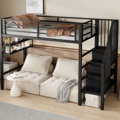 Okwish Lit mezzanine 90x200 cm - Lit avec rangement sous escalier et étagères intégrées - Métal et MDF - Sans matelas - Noir* Lit Mezzanine