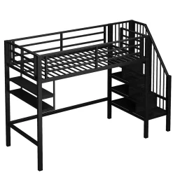 Okwish Lit mezzanine 90x200 cm - Lit avec rangement sous escalier et étagères intégrées - Métal et MDF - Sans matelas - Noir* Lit Mezzanine