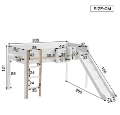 Okwish Lit mezzanine 90x200 cm - Lit avec échelle à 3 marches, toboggan et étagère amovible - Pin + MDF - Sans matelas - Blanc + Naturel*Enfant Lit Enfant