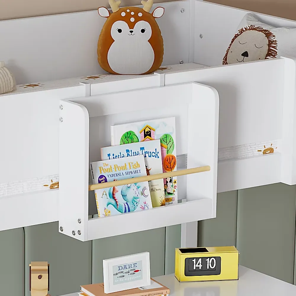 Okwish Lit mezzanine 90x200 cm - Lit avec échelle à 3 marches, toboggan et étagère amovible - Pin + MDF - Sans matelas - Blanc + Naturel*Enfant Lit Enfant
