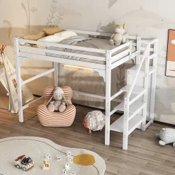 Lit mezzanine 140x200 cm - Lit avec sommier à lattes et penderie - Pin + MDF - Sans matelas - Blanc>Generique Best