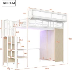 Lit Mezzanine 90x200 cm - Lit Ado avec Armoire et Éclairage LED, Garde-Corps en Filet - Sans Matelas - Métal et MDF - Blanc><noscript><img width=