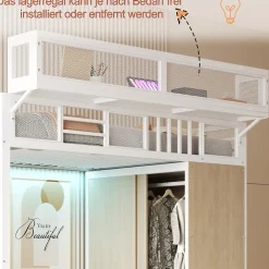 Lit Mezzanine 90x200 cm - Lit Ado avec Armoire et Éclairage LED, Garde-Corps en Filet - Sans Matelas - Métal et MDF - Blanc><noscript><img width=
