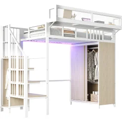 Lit Mezzanine 90x200 cm - Lit Ado avec Armoire et Éclairage LED, Garde-Corps en Filet - Sans Matelas - Métal et MDF - Blanc><noscript><img width=