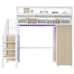 Lit Mezzanine 90x200 cm - Lit Ado avec Armoire et Éclairage LED, Garde-Corps en Filet - Sans Matelas - Métal et MDF - Blanc><noscript><img width=