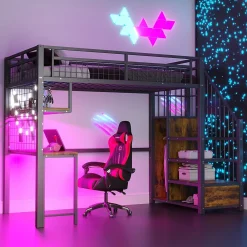 Lit Mezzanine 90x200 cm - Lit Ado avec Bureau et Armoire Intégrés, LED et Prise USB - Sans Matelas - Métal et MDF - Noir><noscript><img width=